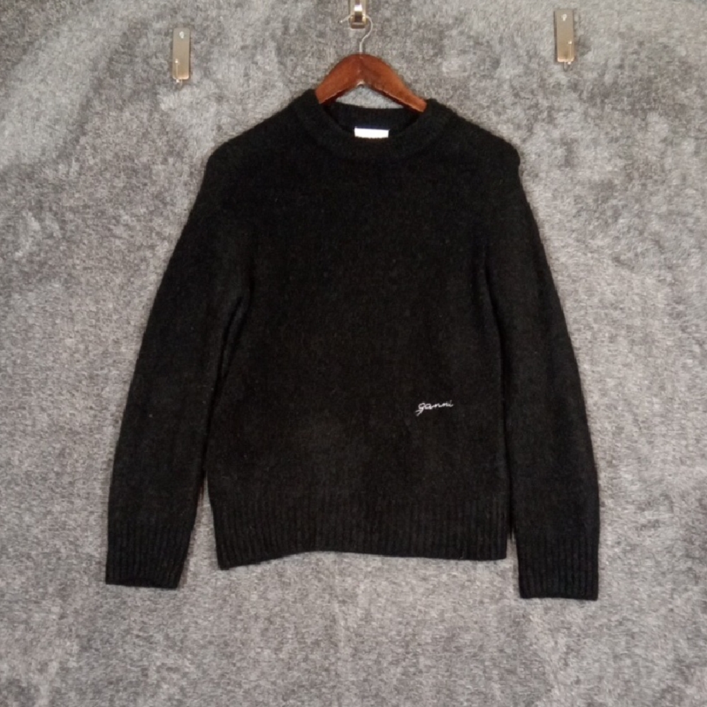Ganni Brushed Alpaca Vingen Wool Blend O Neck Black Sweater Luxury Sz Small